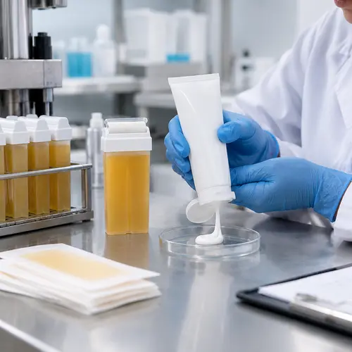 Depilatory cream tube and roll-on wax cartridge undergoing packaging compatibility and leakage testing