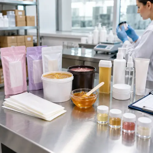 Wax strip pouches, hot wax containers, and aftercare products prepared for hair removal product stability review
