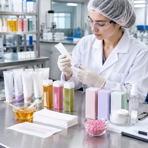 Quality-control review of depilatory cream tubes, wax strips, and roll-on cartridges in a hair-removal product laboratory