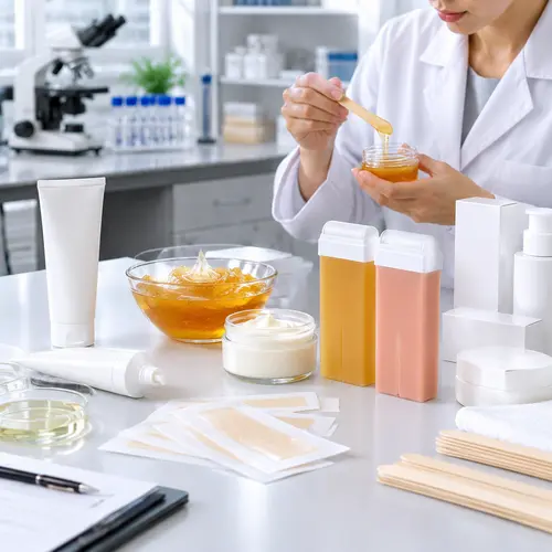Depilatory cream and wax product samples under laboratory review