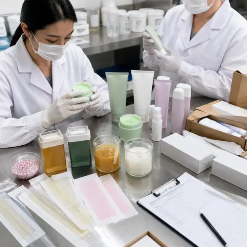 Hair-removal OEM laboratory reviewing depilatory cream texture, wax samples, and packaging compatibility