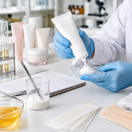Depilatory cream sample texture review in a cosmetic formulation laboratory