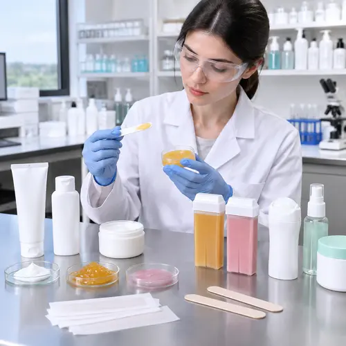 Depilatory cream and roll-on wax cartridge sample review in a cosmetics lab