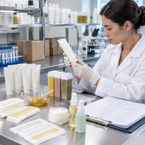 Quality-control review of depilatory cream samples and wax strip packaging