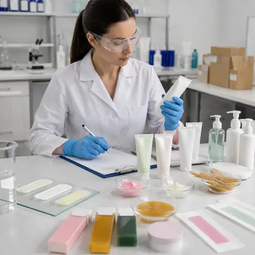 Depilatory cream sample and commercial packaging review in a laboratory