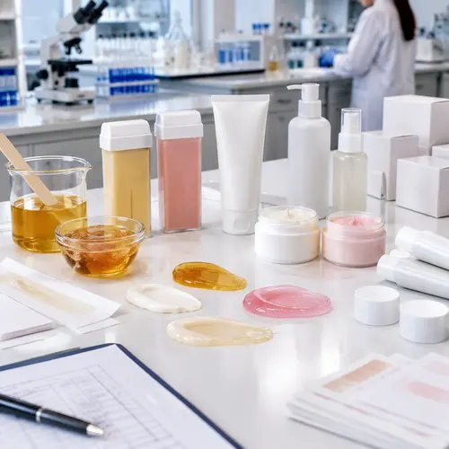 Depilatory cream sample review with compatible tube packaging in a hair-removal product lab
