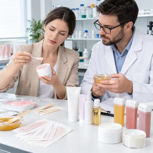 Buyer reviewing depilatory cream samples and hair-removal packaging compatibility in a laboratory