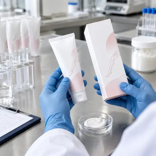 Depilatory cream sample and final packaging reviewed for texture and label clarity