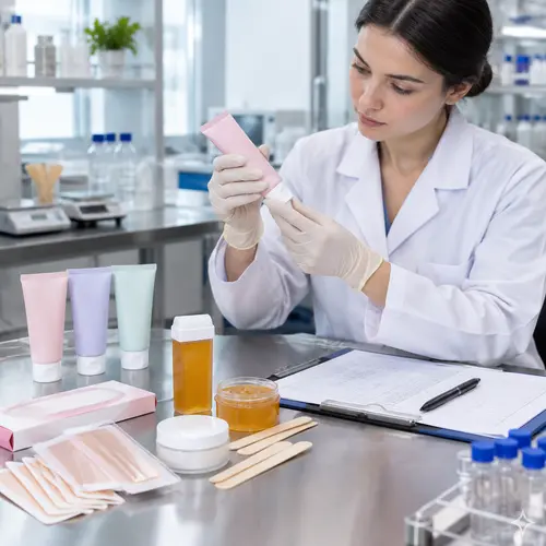 Technician reviewing depilatory cream samples and wax strip packaging during hair removal product development