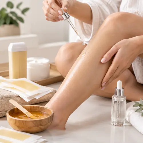 Post hair removal serum applied beside wax strips and sugar wax
