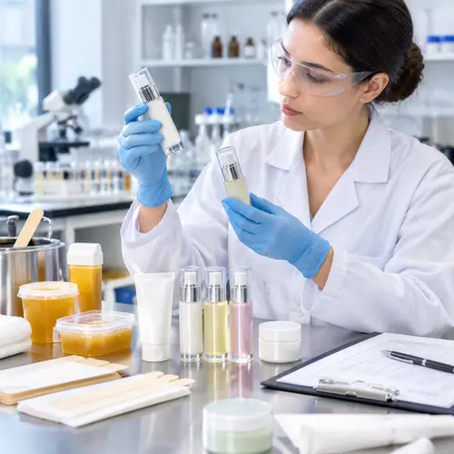 Lab review of hair-removal aftercare serum samples in final packaging