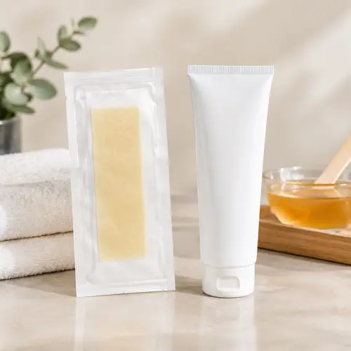 Wax strip packaging and depilatory cream tube compared for a private label launch