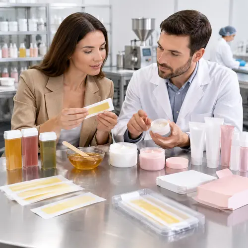 Private-label buyer reviewing wax strips, depilatory cream texture, and hair-removal packaging samples with an OEM technician