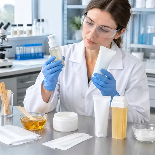 Lab review of hair inhibitor serum and soothing gel samples with hair-removal packaging