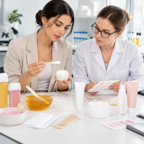 private label buyer reviewing depilatory cream samples and packaging