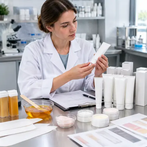 Depilatory cream sample review with finished tubes and packaging components