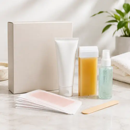 Starter hair removal product bundle with depilatory cream wax strips and aftercare gel packaging