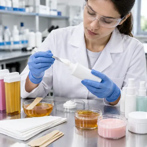 Technician reviewing depilatory cream texture and final tube packaging in a cosmetic laboratory