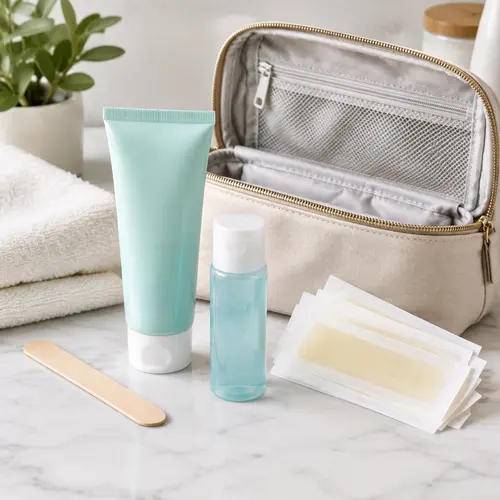 Travel-size depilatory cream, wax strips, and aftercare gel kit for private-label packaging review