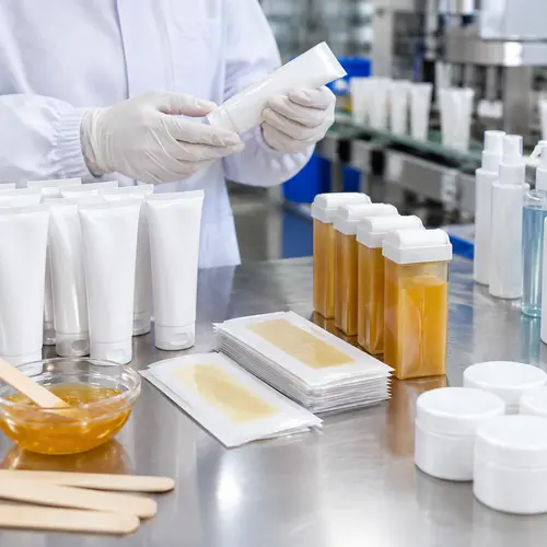 Depilatory cream samples, wax strip sachets, and roll-on wax cartridges during packaging compatibility inspection