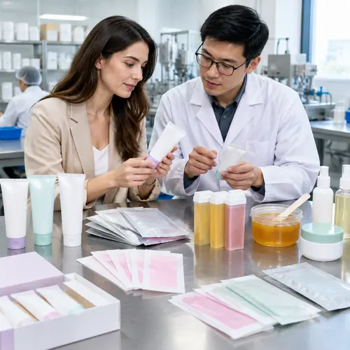 ODM technician reviewing travel depilatory cream, wax strip, and aftercare kit packaging