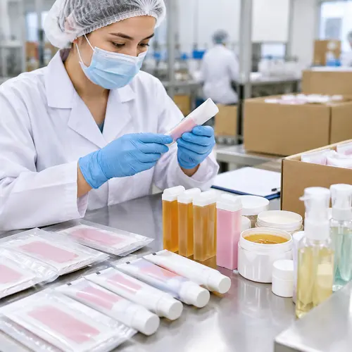 Hair-removal product quality inspection checking wax strip pouches, cream tubes, and roll-on cartridge leakage