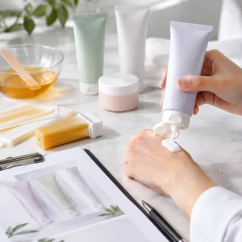 Private-label depilatory cream sample review beside hair-removal packaging samples