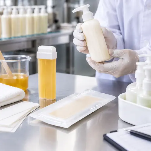 Aftercare pump bottle, roll-on wax cartridge, and wax strip pouch during packaging compatibility and leakage testing