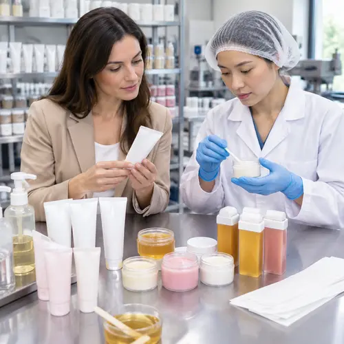 Private-label buyer reviewing depilatory cream tubes, wax jars, and roll-on cartridges during packaging compatibility inspection