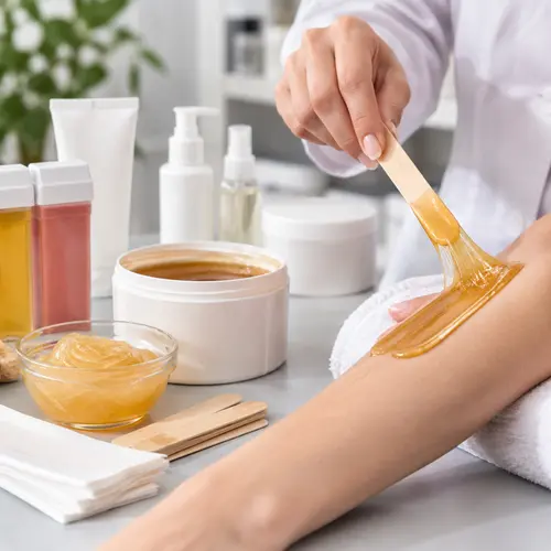 Salon technician reviewing depilatory wax texture and adhesion for a private label sample