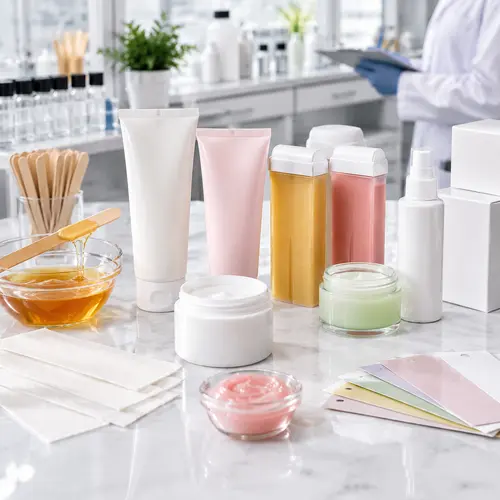 Depilatory cream samples and packaging reviewed for salon retail production