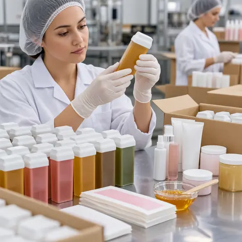 Roll-on wax cartridges and aftercare products during packaging quality inspection