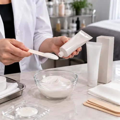 Salon professional reviewing depilatory cream texture beside a private-label hair removal sample