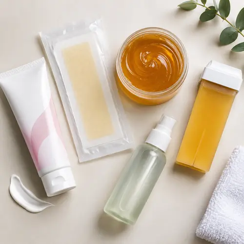 Private label hair removal product line with cream, wax strips, sugar wax, roll-on cartridge, and aftercare