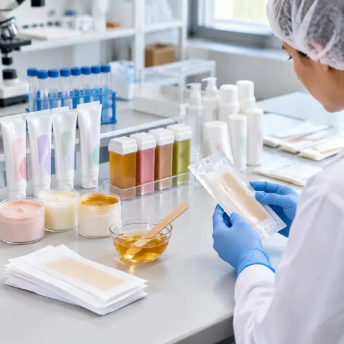 Depilatory cream sample review and roll-on wax cartridge leakage check in a cosmetic lab