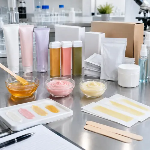 Depilatory cream sample review with wax samples and commercial hair removal packaging