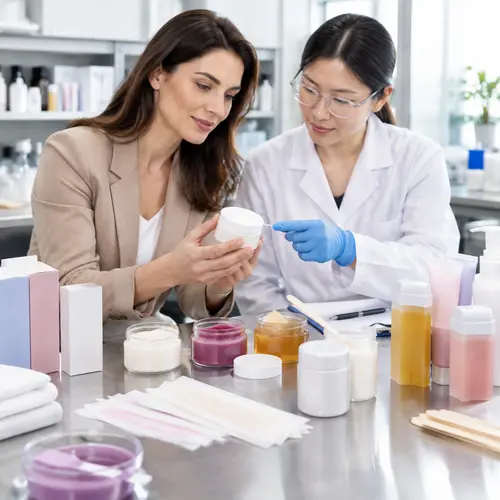 Buyer reviewing depilatory cream samples and hair-removal packaging in an OEM laboratory