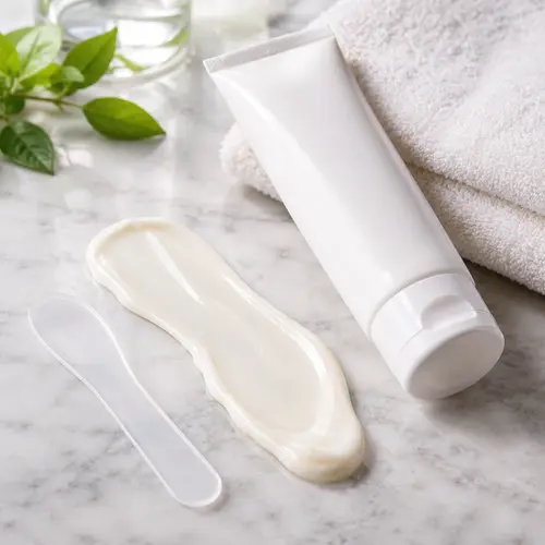 Depilatory cream sample texture review with tube and application spatula