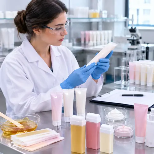 OEM technician reviewing depilatory cream samples and tube compatibility during a stability check