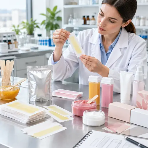 Pre-coated wax strips and pouch packaging reviewed on a hair-removal product development bench