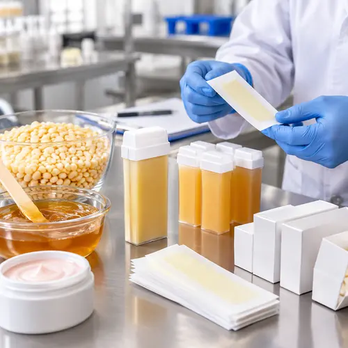 Hard wax beads and roll-on wax cartridge undergoing texture and packaging compatibility inspection