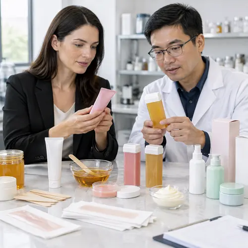 Buyer reviewing wax and depilatory cream samples for hair-removal packaging compatibility