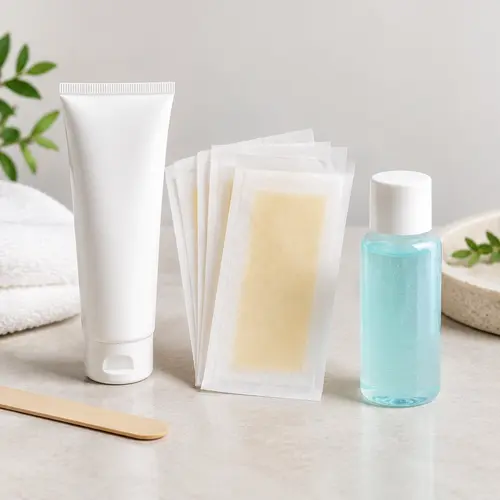 Travel size depilatory cream, wax strips, and aftercare gel format comparison