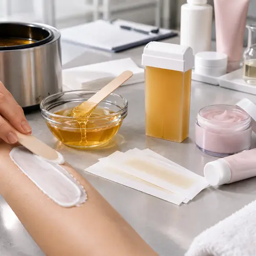 Depilatory cream sample review and wax strip texture under filming lights