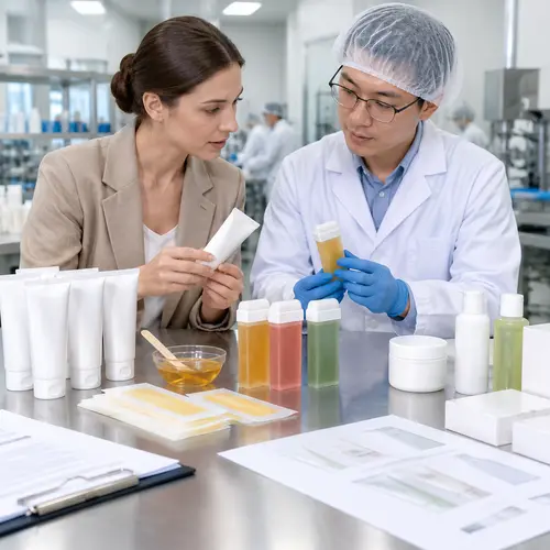 OEM technician and buyer reviewing travel size depilatory cream tubes wax strips and roll-on wax cartridge samples