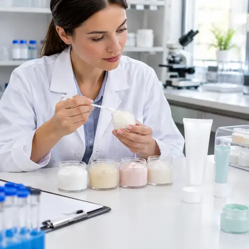 Depilatory cream sample review with tube packaging in a product development lab