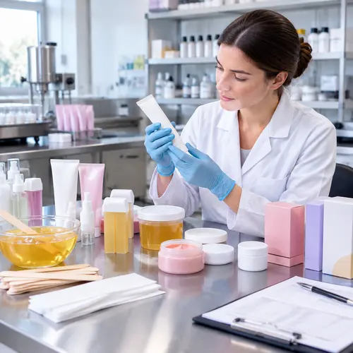 Depilatory cream sample review with commercial packaging components in a cosmetics lab