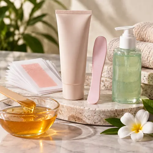 Bikini hair removal cream, wax strips, and aftercare gel product range