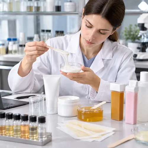 Depilatory cream sample texture review in a cosmetic formulation lab