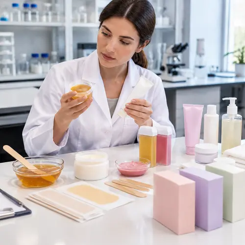 Product developer reviewing depilatory cream and wax samples beside body-care packaging